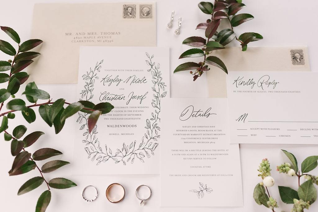 The perfect flatlay with just the right touch of details and greenery for Kayley and Christian’s invitation.