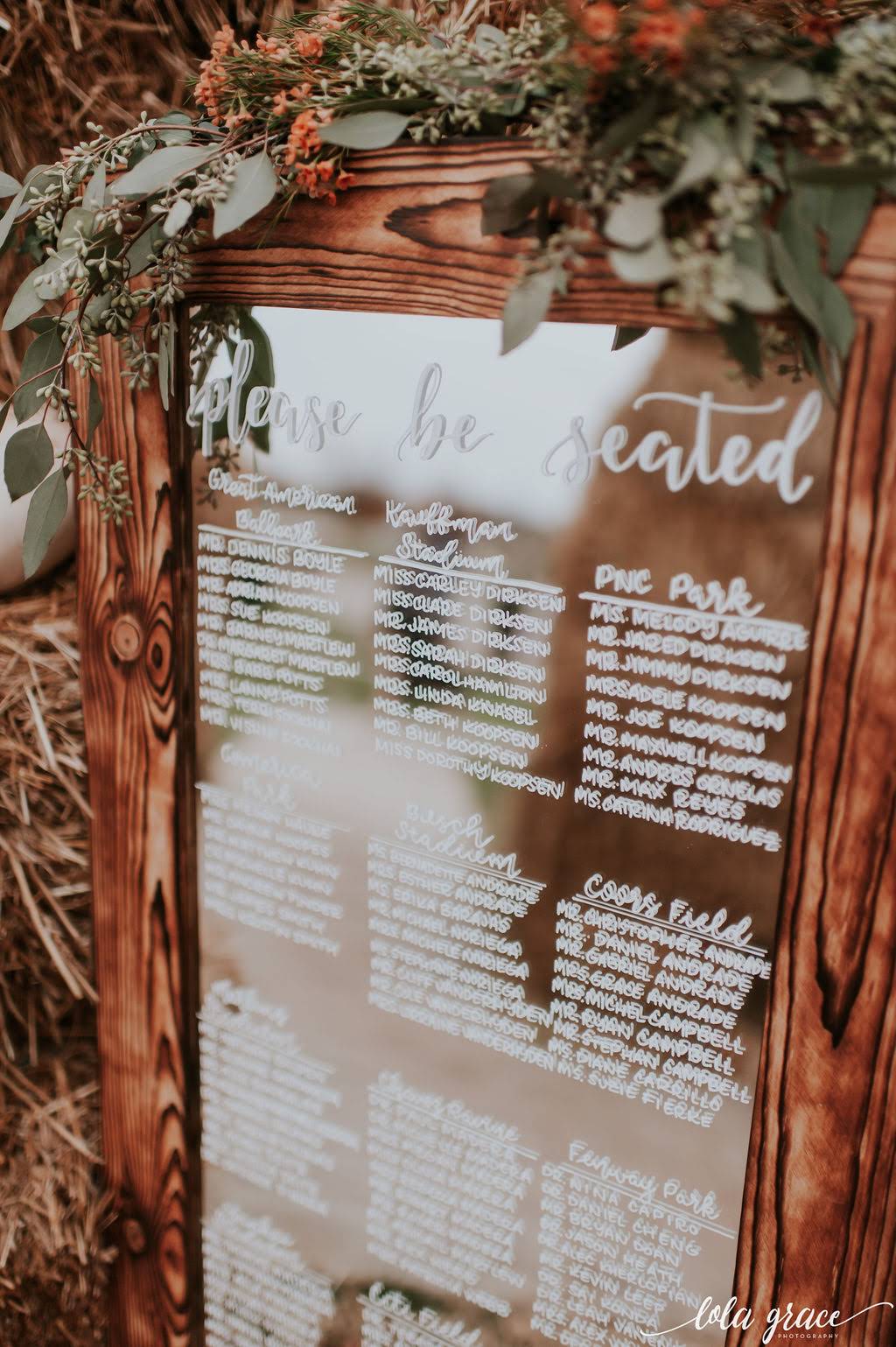 Paul and Michelle picked out this custom framed mirror for Mitten Script by Marah to create their seating chart then use in their home after the wedding.