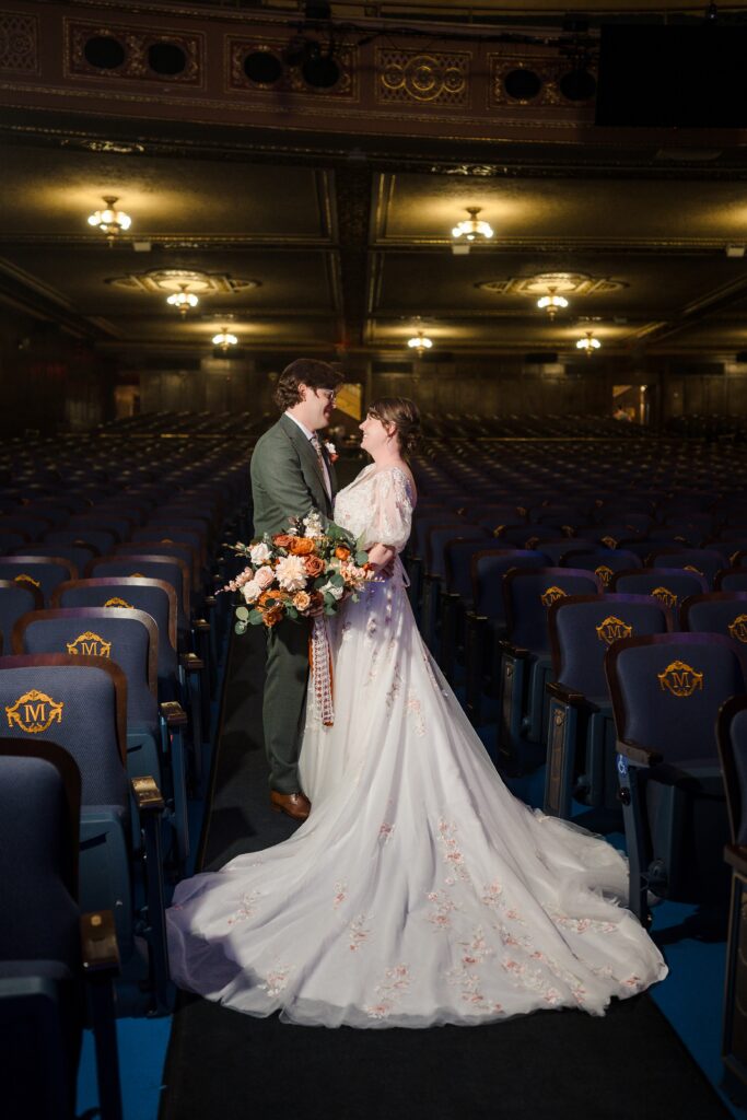 Bride and groom portraits in theater,  Michigan Theater weddings, Ann Arbor weddings, Ann Arbor wedding planner, Pineapple Punch Events